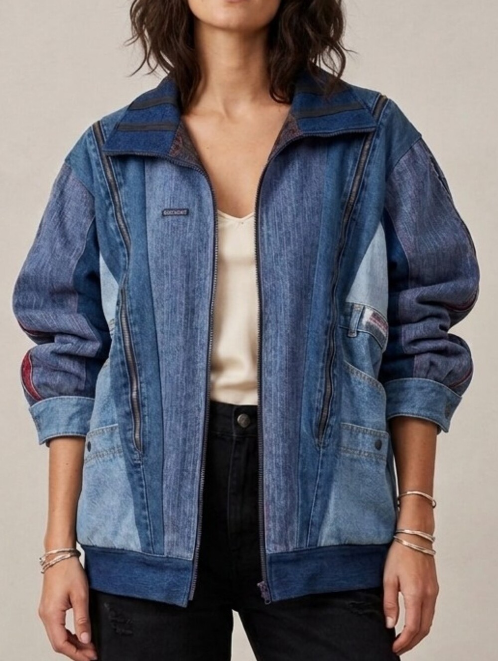 VTG Upcycled Denim Jean Jacket Patchwork Retro Grunge Statement No Size Fits M